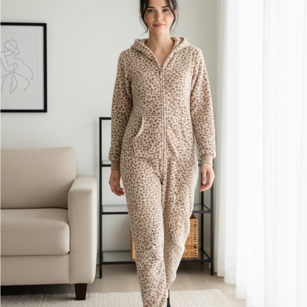 Cat & Jack Junior XL 14 Women XS Leopard Print Pajama Onesie Brown EUC Pockets